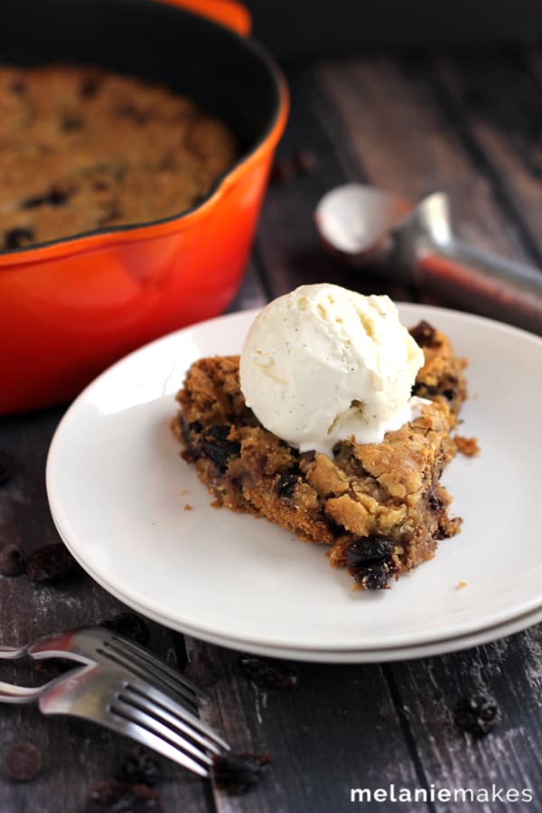 Cherry Chocolate Chip Oatmeal Skillet Cookie - Melanie Makes