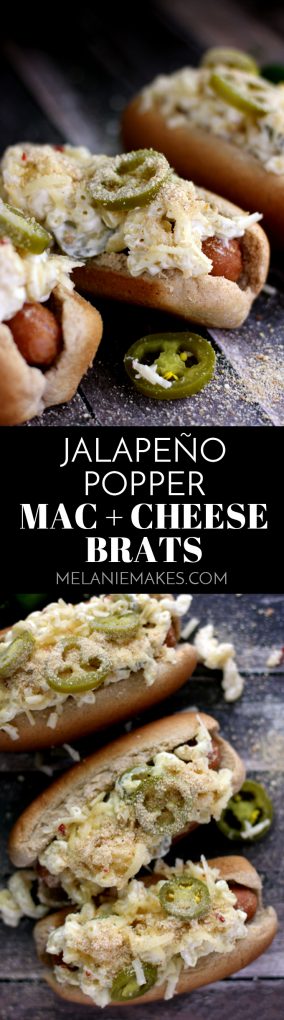These Jalapeño Popper Mac and Cheese Brats are one of your favorite appetizers dressed up as a main dish. A grilled to perfection brat is nestled into a toasted bun and then topped with the cheesiest, meltiest, tastes just like a jalapeño popper mac and cheese. Each bratwurst is then garnished with additional shredded white cheddar jalapeño cheese, pickled jalapeños and toasted breadcrumbs. 