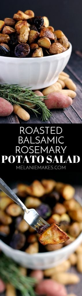 This Roasted Balsamic Rosemary Potato Salad says good riddance to mayonnaise! Instead, these rosemary flecked potatoes are roasted with red onion and garlic and dressed with extra-virgin olive oil and balsamic vinegar. Served warm or at room temperature, this potato salad aims to please.