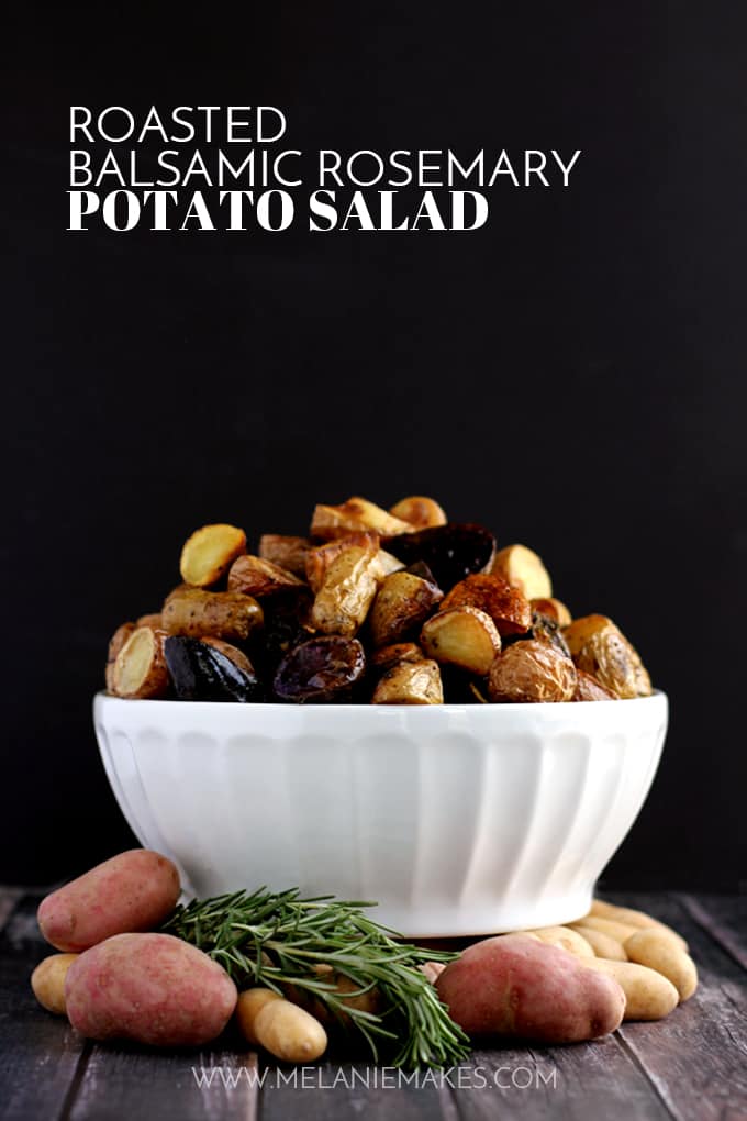 This Roasted Balsamic Rosemary Potato Salad says good riddance to mayonnaise! Instead, these rosemary flecked potatoes are roasted with red onion and garlic and dressed with extra-virgin olive oil and balsamic vinegar. Served warm or at room temperature, this potato salad aims to please.
