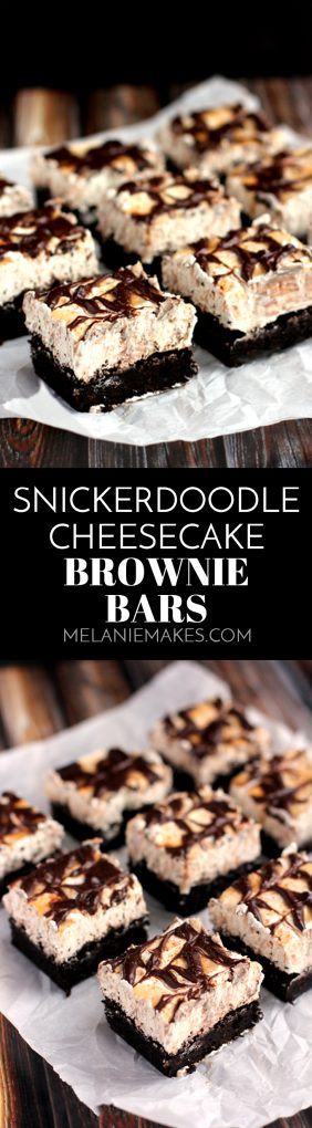 These Snickerdoodle Cheesecake Brownie Bars are the delicious combination of three different desserts. A rich, soft brownie is the base for a cinnamon cheesecake that is then topped with caramel, chocolate ganache and a dusting of cinnamon.