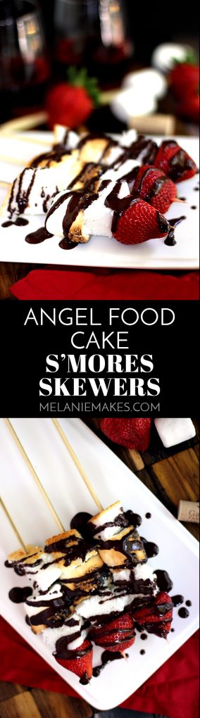 These Angel Food Cake S'mores Skewers are the perfect adult spin on a childhood favorite. A perfectly toasted marshmallow is skewered between two pieces of angel food cake and topped with a strawberry before being drizzled with a luscious dark chocolate sauce spiked with wine.