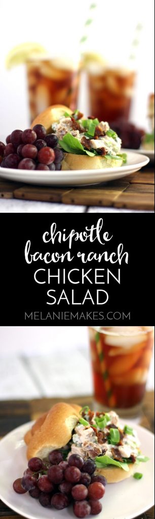 This make ahead Chipotle Bacon Ranch Chicken Salad is the perfect warm weather lunch or dinner. Grilled chicken, Greek yogurt, green onions and bacon are flavored with ranch dressing mix and chipotle pepper to provide a refreshing chicken salad that packs a bit of heat.