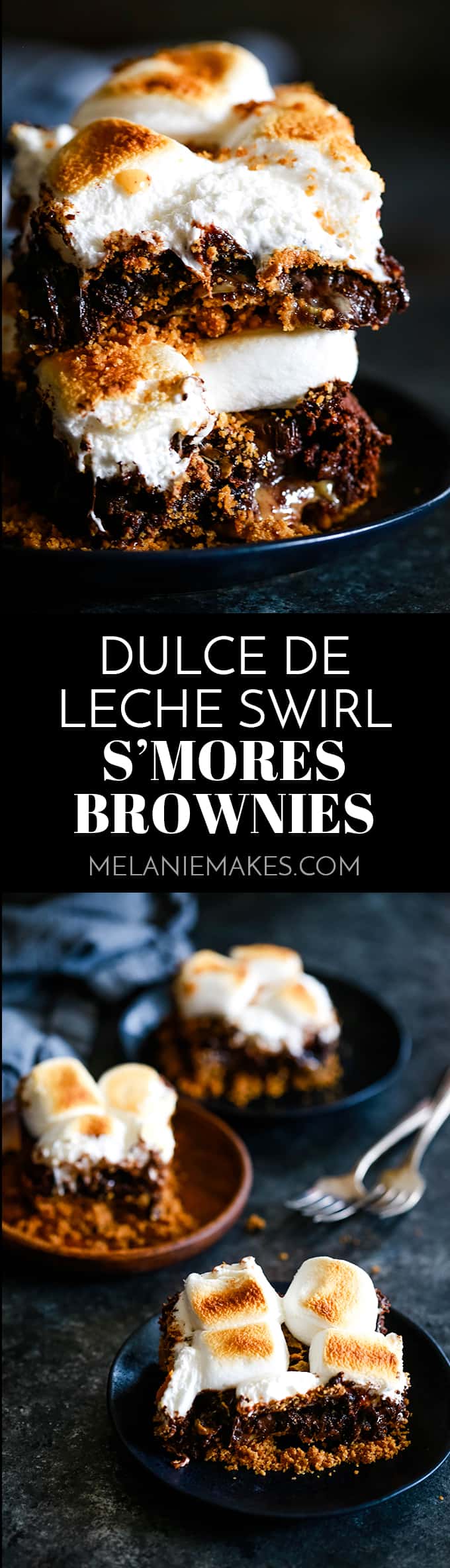 These Dulce de Leche Swirl S’mores Brownies have it all! A graham cracker base topped by a fudgy brownie, dulce de leche, chocolate chips and marshmallows. #brownies #dulcedeleche #smores #chocolate #easyrecipe