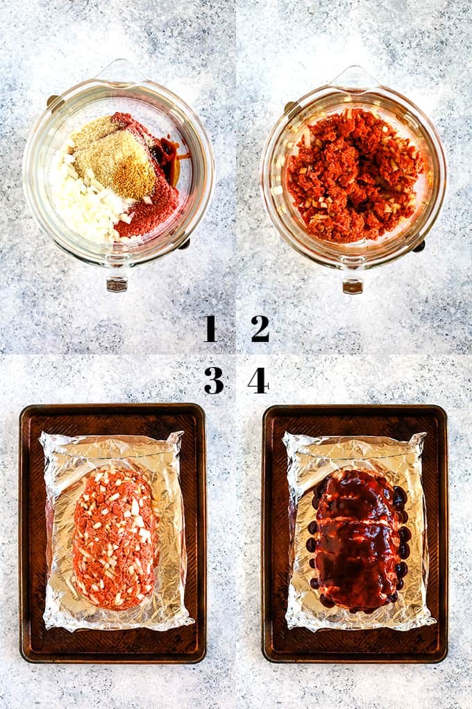 How to prepare Grilled Barbecue Bacon Meatloaf, steps 1-4.