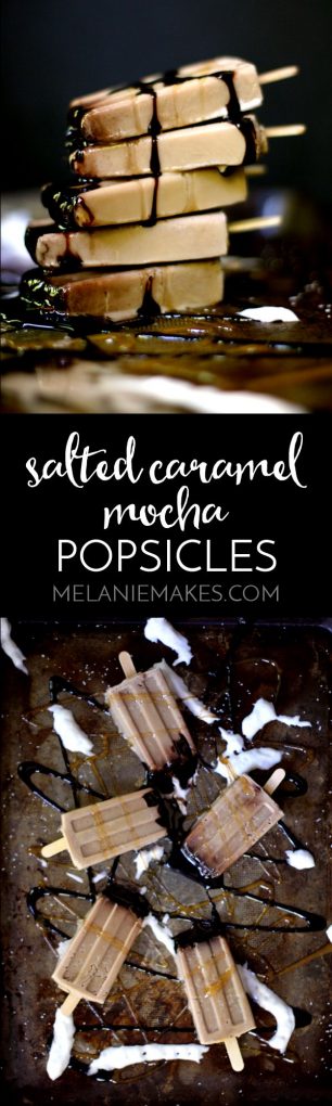These Salted Caramel Mocha Popsicles are proof you can enjoy your favorite morning beverage any time of day. A mocha popsicle flavored with caramel and chocolate syrups, caramel creamer and whipped topping.