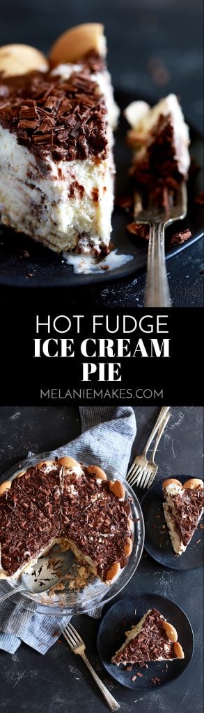 A cold and refreshing Hot Fudge Ice Cream Pie, perfect for the hottest of Summer days. A quick and easy vanilla wafer crust is covered in layers of vanilla ice cream and homemade hot fudge sauce. This six ingredient dessert is a family favorite and is sure to become yours, too! #hotfudge #chocolate #icecream #pie #easydessert #summer