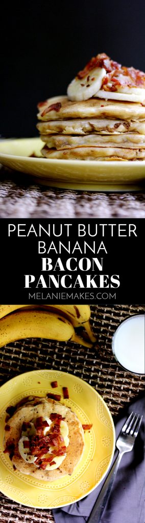These Peanut Butter Banana Bacon Pancakes taste as good as they sound, especially when topped with Peanut Butter Maple Syrup!  Flapjacks flavored with banana and melted peanut butter and then studded with bacon.  Perfect for breakfast, lunch or dinner.