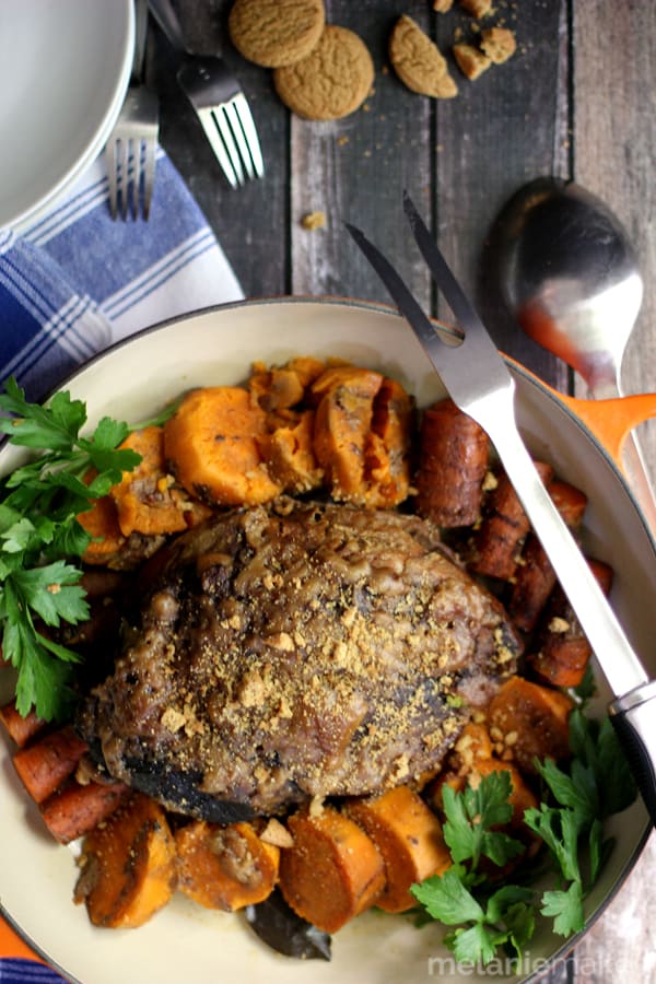Forget your typical pot roast! This Slow Cooker Gingersnap Pot Roast not only takes minimal time to prepare but the end result is anything but ordinary. A gingersnap crusted roast is cooked over a bed of sweet potatoes and carrots. A bit sweet, a bit spicy and definitely a meal that will have your family asking for seconds!