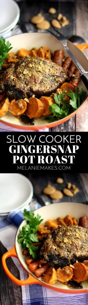 Forget your typical pot roast! This Slow Cooker Gingersnap Pot Roast not only takes minimal time to prepare but the end result is anything but ordinary. A gingersnap crusted roast is cooked over a bed of sweet potatoes and carrots. A bit sweet, a bit spicy and definitely a meal that will have your family asking for seconds!