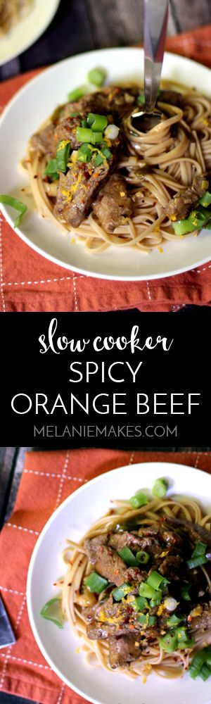 This Slow Cooker Spicy Orange Beef is the easiest fake out take-out ever! A bed of whole wheat linguine holds strips of red pepper and orange speckled strips of flank steak. A sprinkle of sliced green onions later and this is the easiest Asian inspired meal you'll ever create at home!