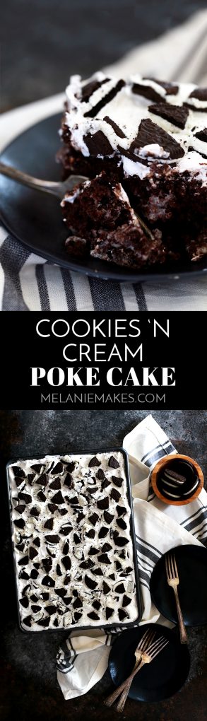 This Cookies 'n Cream Poke Cake is the perfect combination of two classic flavors in one delicious cake! A rich chocolate cake covered in a cookies ‘n cream pudding mixture while still warm then layered with a quick chocolate ganache, whipped topping and crushed sandwich cookies. 