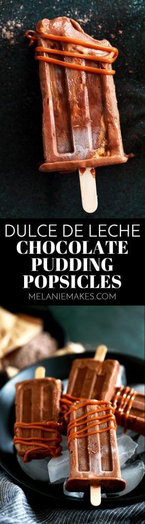 I've revamped my childhood favorite pudding popsicles into these out of this world Dulce de Leche Chocolate Pudding Popsicles!  They couldn't be easier to make and the end result will have you raiding the freezer for more. #dulcedeleche #caramel #pudding #chocolate #chocolatepudding #popsicle #easydessert