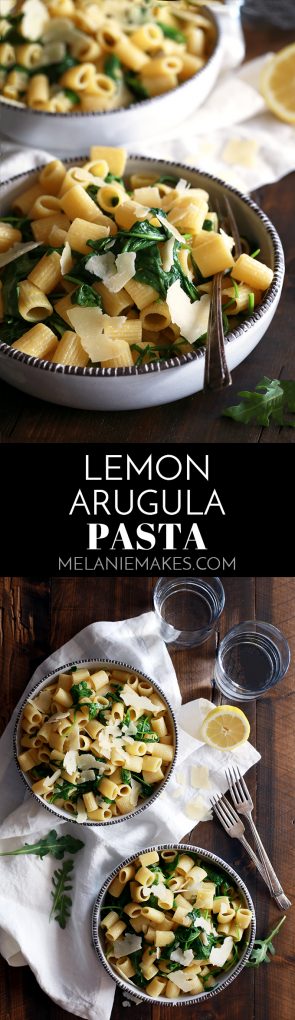 This Lemon Arugula Pasta is the answer to getting dinner on the table quickly with minimal effort. Your favorite pasta is tossed with lemon juice and zest, arugula and olive oil before being showered with Parmesan cheese.