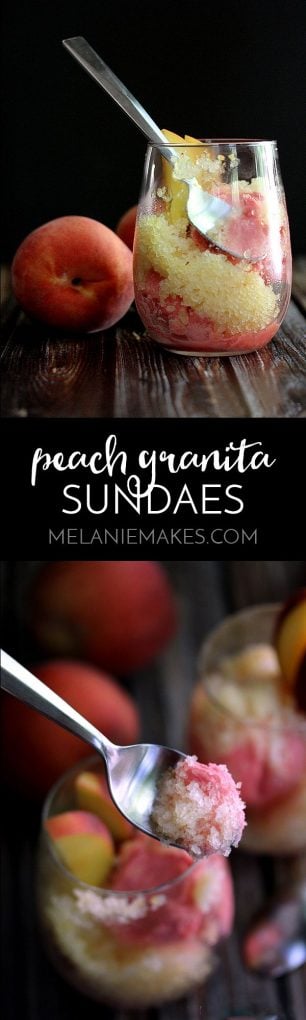 These Peach Granita Sundaes are the perfect end of Summer dessert. Water, sugar, peaches and Riesling wine take a spin in a blender before being poured into a pan and ushered to the freezer. The final touch? Serving this icy, peach goodness over a scoop of ice cream.