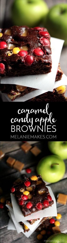 Bits of caramel and M&Ms speckle the top of each and every one of these Caramel Candy Apple Brownies making each bite as good as the last. Forget the candy apple on a stick, these brownies are where it's at!