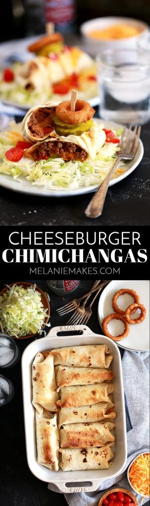 These crispy Cheeseburger Chimichangas will have your eyes thinking Mexican food but the taste is all-American!  Ground beef spiked with ketchup and mustard along with all of your favorite burger toppings are rolled into a flour tortilla and baked until crisp.  They're then placed on a bed of shredded lettuce before being adorned with more cheese and tomatoes and drizzled with mayonnaise. #burger #cheeseburger #mexican #chimichanga #beef #cheese #maindish #easyrecipe