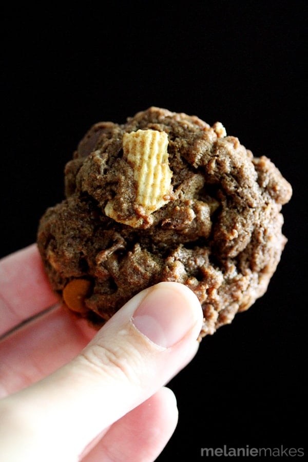 A chocolate flavored dough studded with chocolate chips, cinnamon chips and my favorite cinnamon and sugar flavored cereal.  A warm and comforting chocolate and cinnamon combination.  These Double Chocolate Cinnamon Crunch Cookies are the perfect choice to fill your cookie jar this Fall!