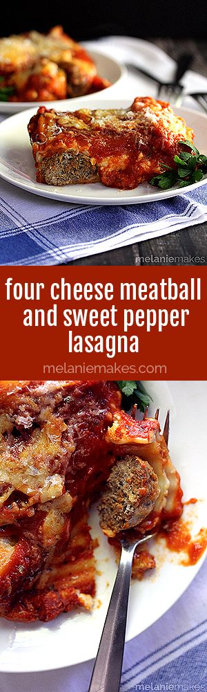 Lasagna noodles, four types of cheese - seven cups total!, sweet peppers, meatballs and marinara sauce are layered and then baked together to create the cheesiest, most satisfying lasagna. This Four Cheese Meatball and Sweet Pepper Lasagna is the perfect dish to feed a crowd.