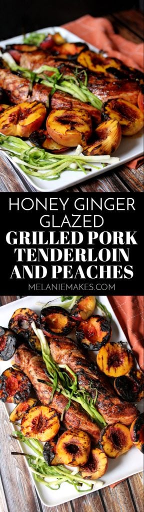 This Honey Ginger Glazed Grilled Pork Tenderloin and Peaches is the perfect sweet and savory dinner combination. A sticky, sweet honey glaze spiked with fresh ginger is drizzled over perfectly grilled pork tenderloin and charred green onions and peaches. A complete meal made entirely on the grill!