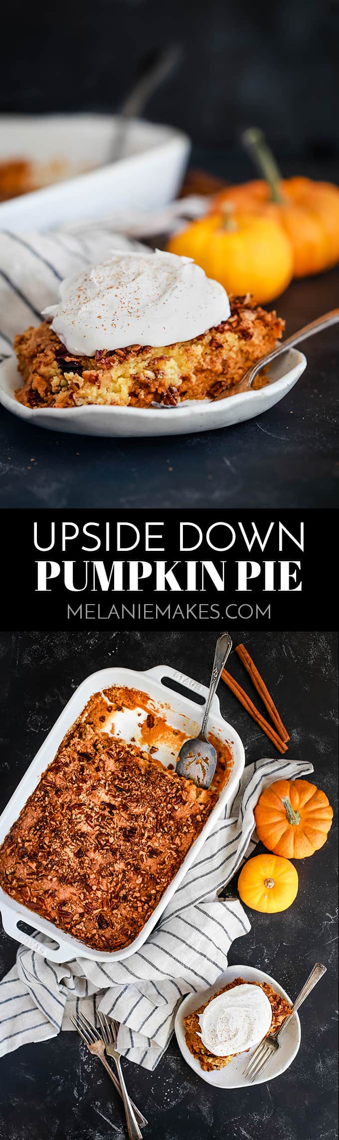 Forget the traditional and try something a bit different!  This crazy easy Upside Down Pumpkin Pie flips your traditional Thanksgiving dessert putting the pumpkin filling on the bottom and the crust like crunch on top. #pumpkin #pumpkinpie #upsidedown #upsidedowncake #thanksgiving #thanksgivingrecipes #christmas #christmasrecipes