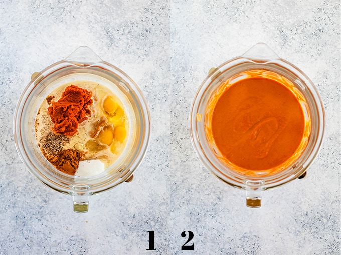 The first two steps of creating Upside Down Pumpkin Pie on a white speckled background.