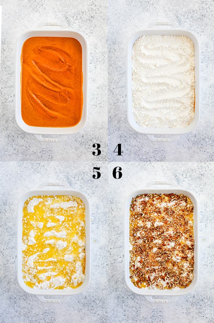 The last four steps in how to create Upside Down Pumpkin Pie on a white speckled background.