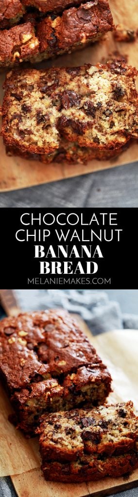 Not one, not two, not three, but FOUR bananas are packed into a single loaf of this Chocolate Chip Walnut Banana Bread. A bread absolutely bedazzled with chocolate chips and walnuts. In other words, I dare you to not fall in love with it upon first bite! #banana #bananabread #walnut #chocolate #chocolatechip #bread #breakfast