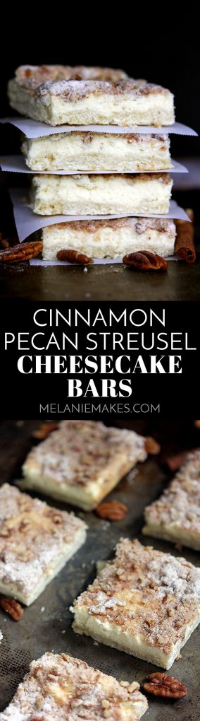 These Cinnamon Pecan Streusel Cheesecake Bars are like two desserts in one but with only 15 minutes of effort required.  A creamy cheesecake filling is sandwiched between a sugar cookie base and a cinnamon pecan streusel for three layers of deliciousness. 