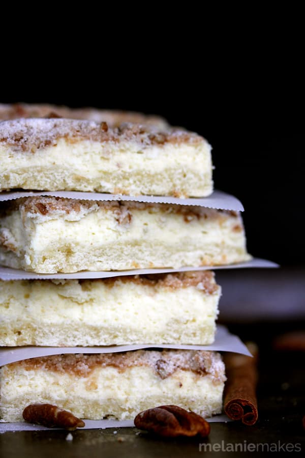 These Cinnamon Pecan Streusel Cheesecake Bars are like two desserts in one but with only 15 minutes of effort required.  A creamy cheesecake filling is sandwiched between a sugar cookie base and a cinnamon pecan streusel for three layers of deliciousness.
