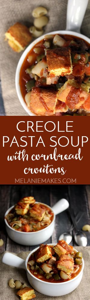 A spicy tomato based broth surrounds browned chicken, smoked sausage, pasta and a plethora of vegetables in this Creole Pasta Soup.  Topped with oversized cornbread croutons, this soup is sure to warm you inside and out!