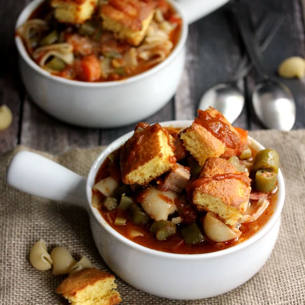 Creole Pasta Soup with Cornbread Croutons