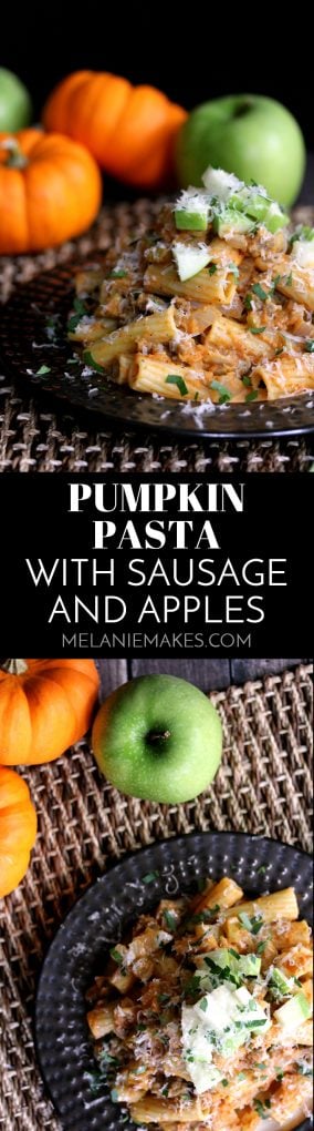 This Pumpkin Pasta with Sausage and Apples has all of your favorite seasonal flavors in one dish.  Sausage, apples and onions stud a rich pumpkin cream sauce flecked with cinnamon and nutmeg.  This mountain of deliciousness is then topped with a blizzard of Parmesan cheese, parsley and additional apple for a picture perfect presentation.