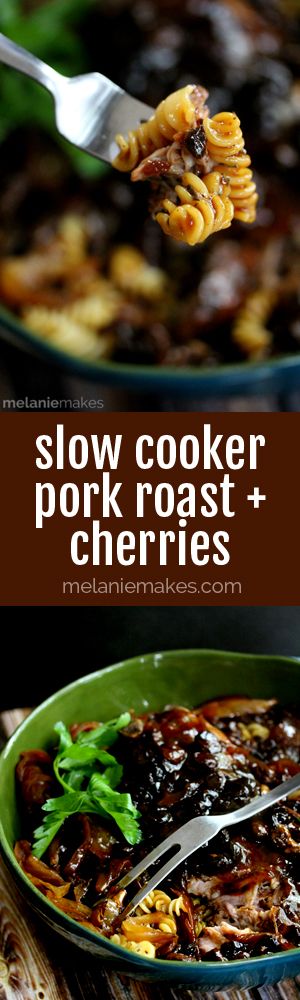 A pork roast seasoned with thyme and bathed in apple juice and nestled into a slow cooker surrounded by sliced onions and dried cherries. A perfect minimal prep, full of flavor dish, this Slow Cooker Pork Roast and Cherries will make your house smell absolutely divine all day as it cooks.