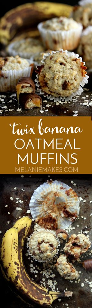 The classic banana oatmeal flavor combination gets a bit more interesting with the addition of your favorite candy bar. Caramel, chocolate and a cookie crunch make these four ingredient Twix Banana Oatmeal Muffins taste like luscious bites of Bananas Foster with a hint of chocolate. 