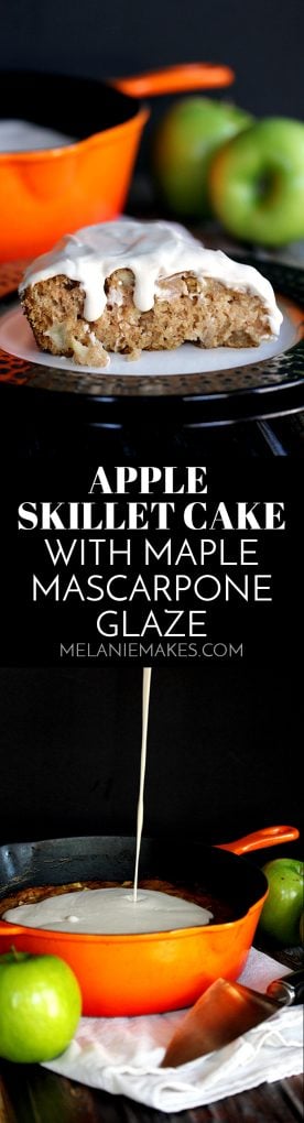 This Apple Skillet Cake with Maple Mascarpone Glaze is full of autumn flavors yet couldn’t be easier to create.  Forget the mountain of dishes and instead turn to a dessert prepared and baked in just one skillet.  The maple and cinnamon spiked glaze insures that it’s a dessert you won’t soon forget.
