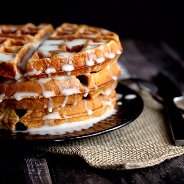 Gingerbread Yogurt Waffles with Powdered Sugar Glaze