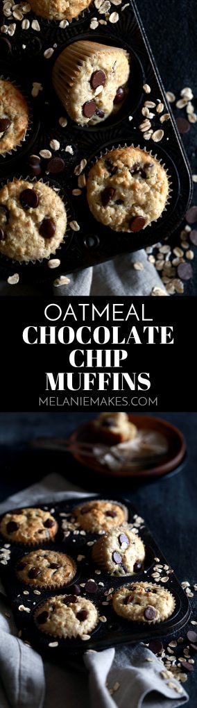 These four ingredient Oatmeal Chocolate Chip Muffins are so incredibly easy that they take just five minutes to prepare.  A homemade oatmeal muffin mix, milk, egg and chocolate chips are stirred together and then magically transform into baked good deliciousness, emerging from the oven studded with melty chocolate chips. #oatmeal #chocolate #muffins #breakfast #brunch #easyrecipe