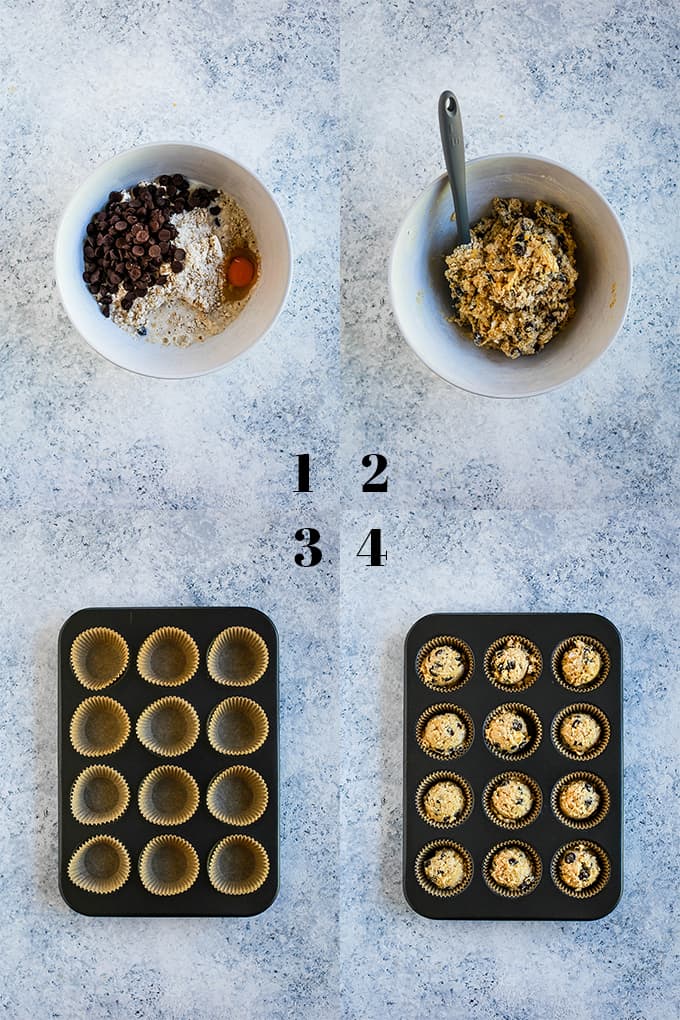 How to create Oatmeal Chocolate Chip Muffins, steps 1-4.