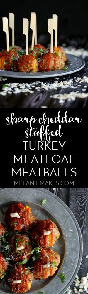 The comforting goodness of meatloaf in a hearty appetizer bite. Stuffed with cheese and drizzled with ketchup, these Sharp Cheddar Stuffed Turkey Meatloaf Meatballs are sure to be a hit at your next gathering.