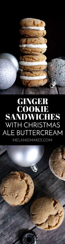 These Ginger Cookie Sandwiches with Christmas Ale Buttercream are the standout star of your Christmas cookie exchange.   All of the spices of the holiday season in a spiked whipped buttercream filling sandwiched between two soft and chewy ginger cookies.