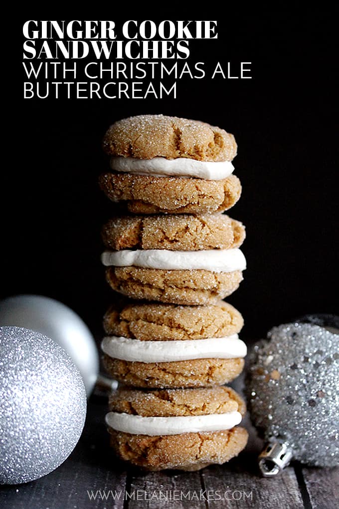 These Ginger Cookie Sandwiches with Christmas Ale Buttercream are the standout star of your Christmas cookie exchange.   All of the spices of the holiday season in a spiked whipped buttercream filling sandwiched between two soft and chewy ginger cookies. 