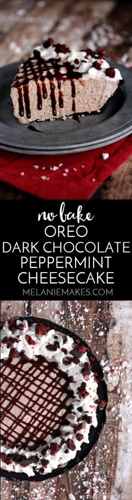 With just four ingredients and 15 minutes, this No Bake Oreo Dark Chocolate Peppermint Cheesecake will be ready and waiting for you in the fridge come time for dessert. An amazingly easy, seasonal showstopper. 