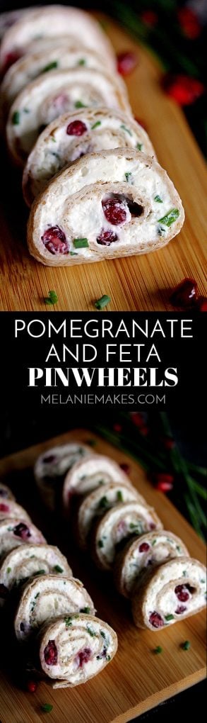 These gorgeous Pomegranate and Feta Pinwheels take just minutes to prepare and are speckled with holiday color thanks to pomegranate arils and chives.  These five ingredient appetizers will have you party ready in no time!