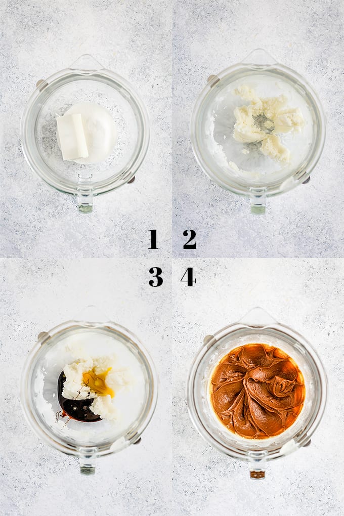 Step by step photos of how to create Soft and Chewy Ginger Cookies on a white speckled background, steps 1-4.