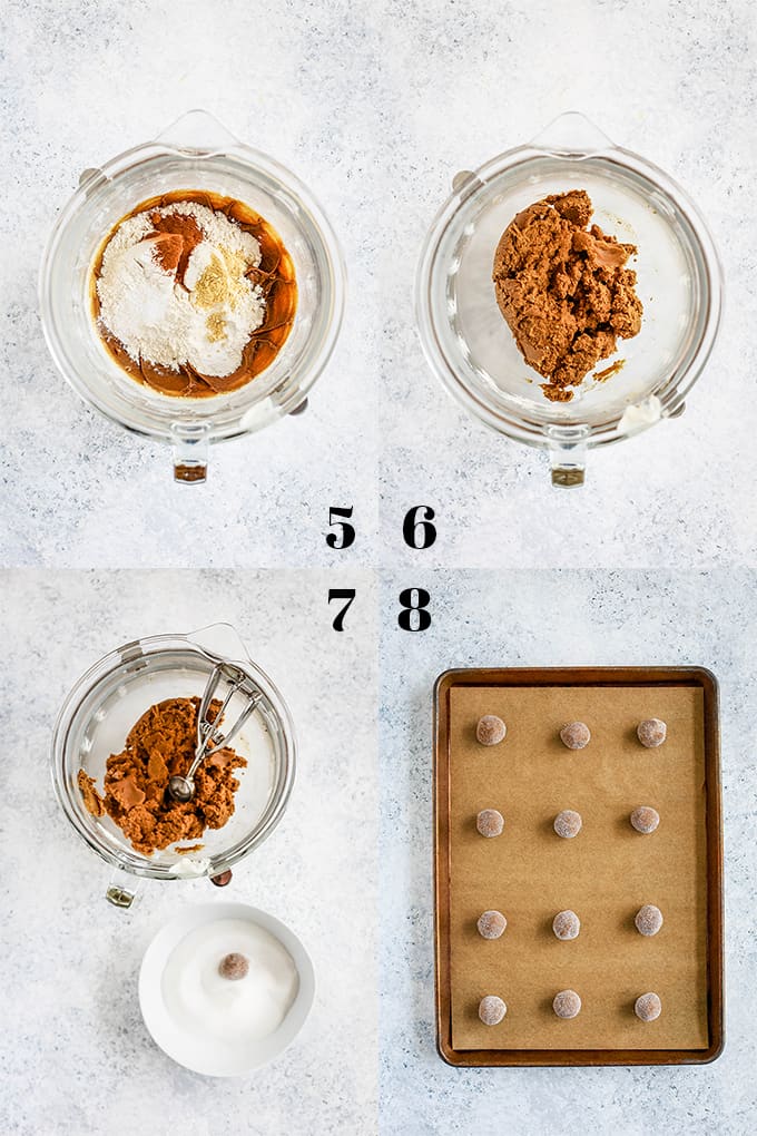 Step by step photos of how to create Soft and Chewy Ginger Cookies on a white speckled background, steps 5-8.