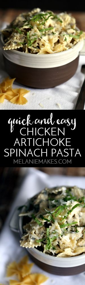 This three ingredient Quick and Easy Chicken Artichoke Spinach Pasta transforms one of your favorite appetizers into a showstopping main course. Artichokes and spinach are blended with the distinct flavor of Romano cheese and then stirred into al dente pasta and chicken to create a delicious and effortless pasta dish.