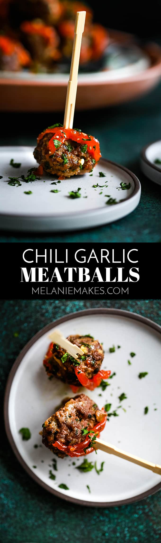 These Chili Garlic Meatballs are the perfect appetizer for game day, a holiday or any day of the week! Easy oven baked meatballs are spiked with garlic, ginger and cilantro before being adorned with an amazingly flavorful chili garlic sauce.