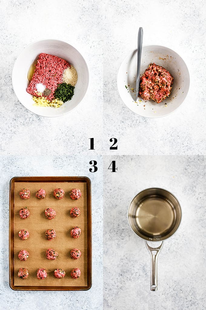 Step by step photos of how to create Chili Garlic Meatballs, steps 1-4.