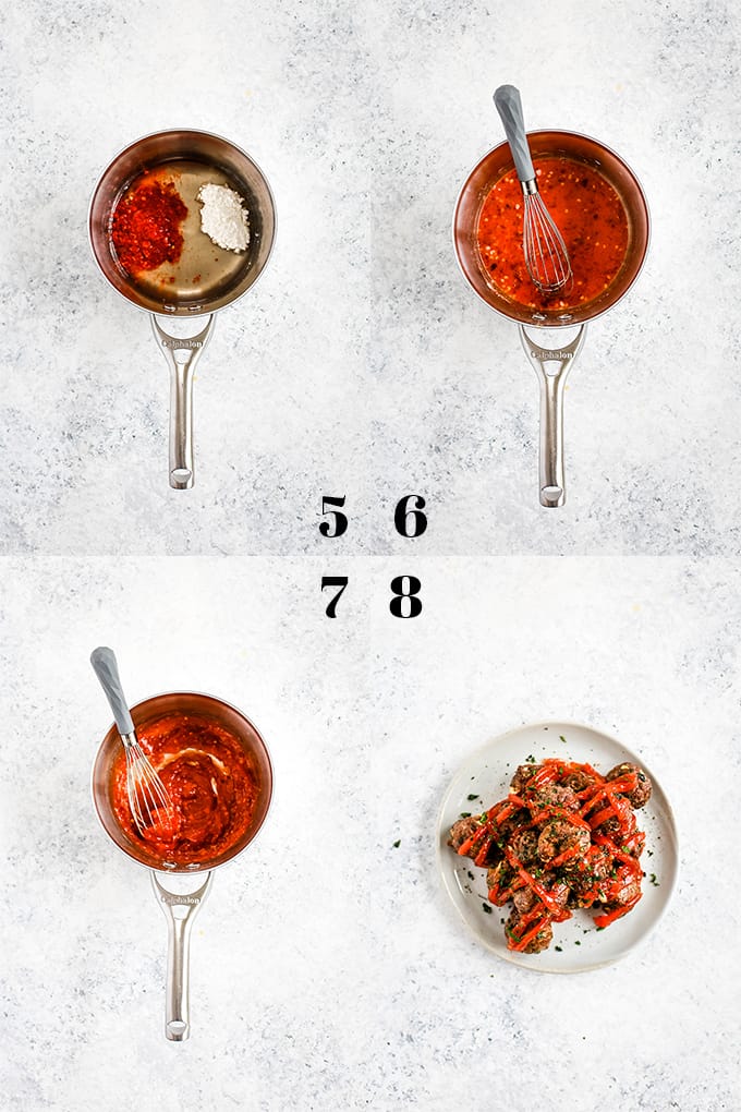 Step by step photos of how to create Chili Garlic Meatballs, steps 5-8.